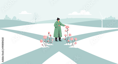 Woman at Crossroads with Blooming Flowers in Winter Landscape