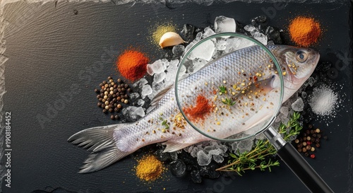 Whole fish with spices and herbs on black slate background