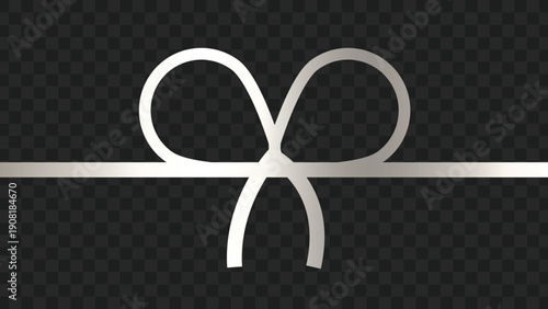 A sleek silver ribbon tied in a classic bow knot, horizontally centered against a dark transparent checkered background, symbolizing elegance and gifts.