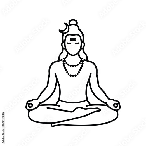 Serene illustration of a meditating figure in lotus position with tranquil facial expression and symbolic ornaments