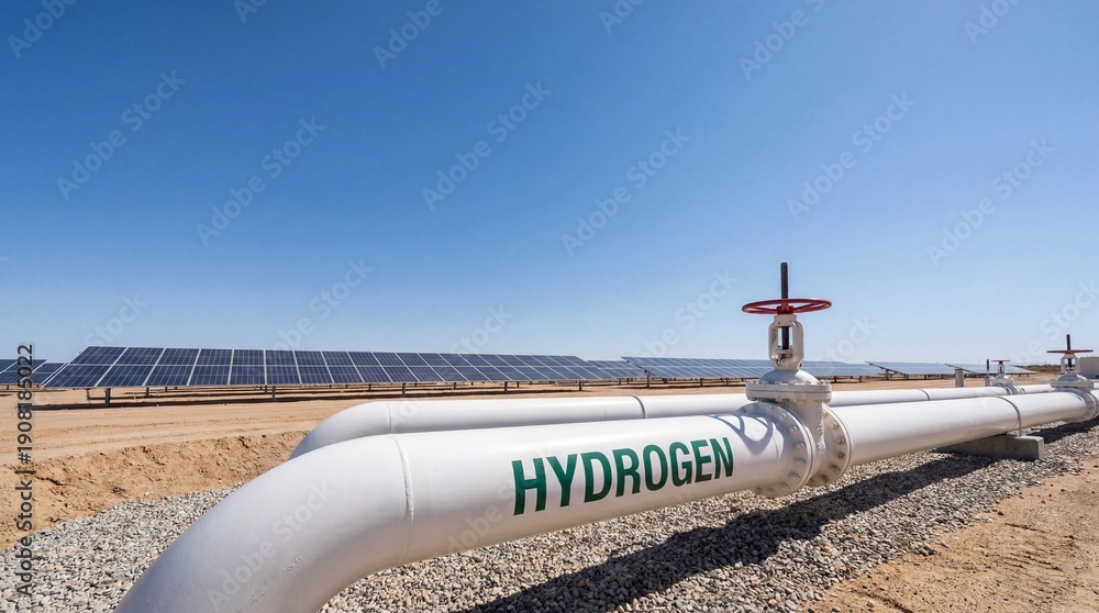 Fototapeta premium Hydrogen pipeline in desert solar hydrogen production facility with clear sky and industrial valve