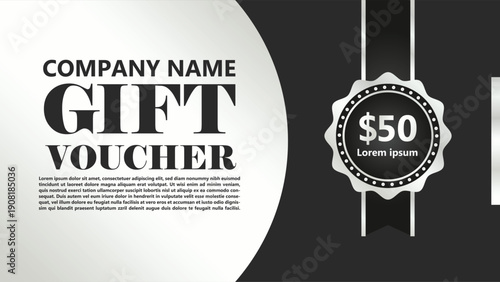 Elegant black and silver gift voucher design with a $50 value, featuring company name and placeholder text for promotional use.