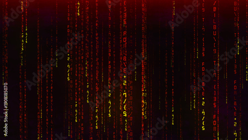 Streams of symbols move vertically, forming a dense digital curtain of signs and numbers. The red and yellow palette creates a tense atmosphere reminiscent of code, hacking, and hidden processes.