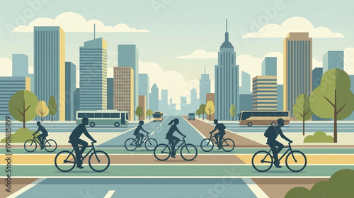 Urban landscape with cyclists crossing street, surrounded by modern buildings and vehicles