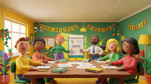 Creative brainstorming session with diverse individuals collaborating in colorful office space