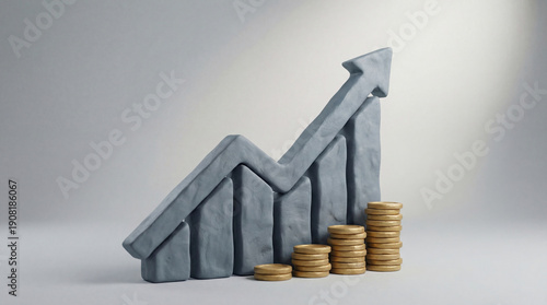 Financial growth concept represented by clay graph and stacked coins, symbolizing success
