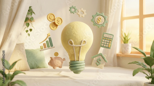Light bulb symbolizes creativity and innovation, surrounded by financial icons like piggy bank