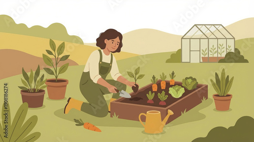 Gardener planting vegetables garden bed surrounded by pots and greenhouse, enjoying nature
