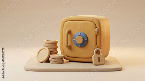 Clay safe with coins beside it, symbolizing security and savings