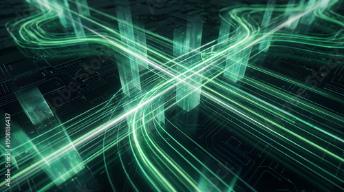 Futuristic digital network with glowing green lines and abstract structures, conveying