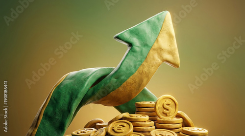 Growing financial success represented by green and yellow arrow with coins