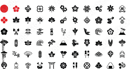 Japanese traditional icon set (Flower, Nature, Food, pattern, etc.)