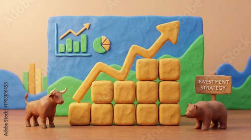 Investment strategy with rising graph and animal figures representing market trends