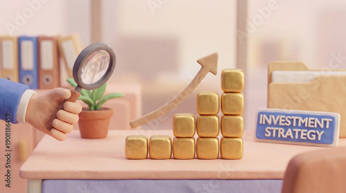 Investment strategy with growth chart and magnifying glass symbolizes financial analysis