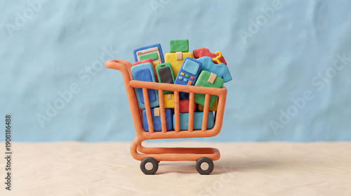 Colorful shopping cart filled with playful clay items, representing shopping and creativity