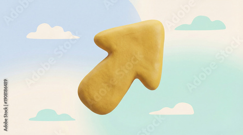 Playful yellow arrow shape floats against soft blue and white background, evoking sense