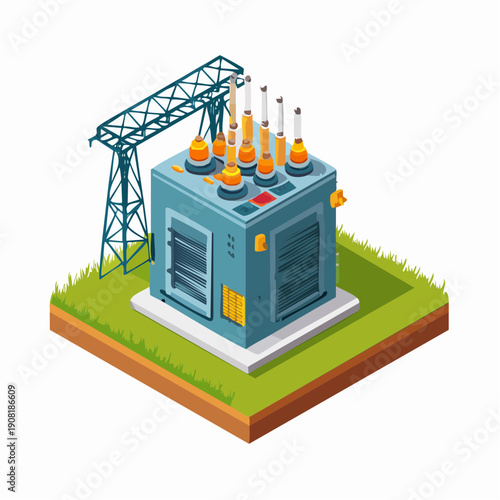 Isometric illustration of an electrical substation with transformers and transmission towers.