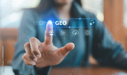 Photos Businesswoman hand touching virtual GEO Generative Engine Optimization search ba