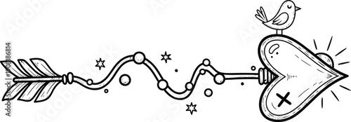 A whimsical illustration of a bird ringing a bell with a wavy arrow