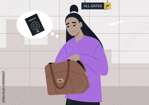 In a lively airport terminal, a traveler stressfully checks their passenger passport hidden in a brown bag, surrounded by the anticipation of upcoming adventure