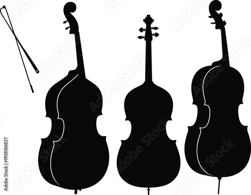Black silhouettes of double bass, cello, and violin with bows arranged side by side, showcasing orchestral string instruments, musical design illustration, and artistic composition concept.