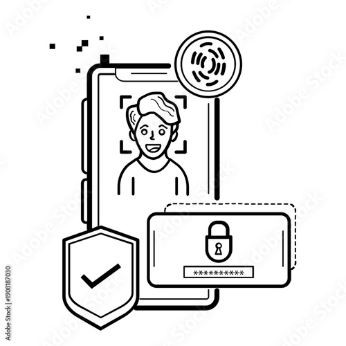 secure digital identity verification concept, biometric authentication system vector icon design, facial recognition with fingerprint security stock illustration