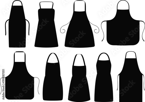 Black silhouettes of eight different apron designs arranged in rows, showcasing fashion variety, culinary garment styles, crafting illustration, and artistic representation of kitchen wear concepts.