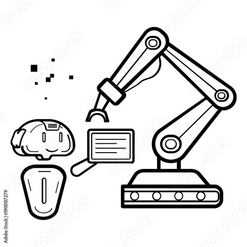 ai powered industrial automation concept, smart manufacturing with intelligent robots vector icon design, robotics giving instructions to machine stock illustration