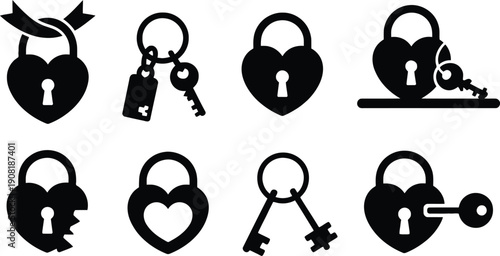 Assorted black and white icons of locks and keys in various styles