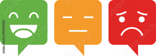 Customer feedback icons with happy neutral and sad emoticons in green orange and red speech bubbles representing satisfaction survey ratings and user experience sentiment.