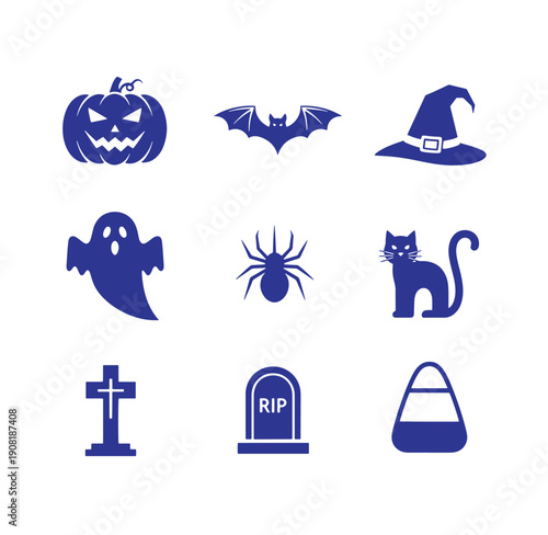 Halloween icons including pumpkin bat witch hat ghost spider cat cross tombstone and bag isolated on white background