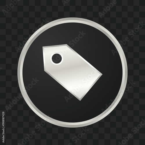 A glossy silver tag icon with a hole, set within a black circle and framed by a metallic silver ring, on a transparent background.