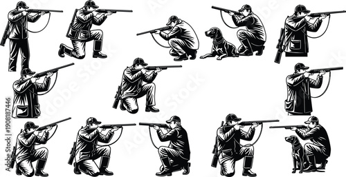 Black and white of hunters in various shooting positions with rifles and a dog kneeling