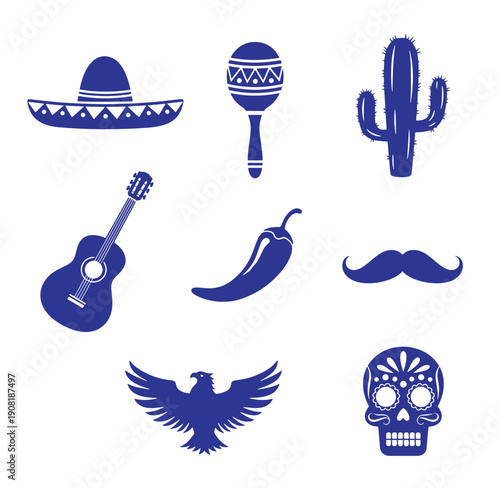 Mexican culture symbols icons set including sombrero maraca cactus guitar chili pepper mustache eagle skull on white background