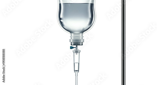 Medical IV drip with clear liquid on hospital IV pole