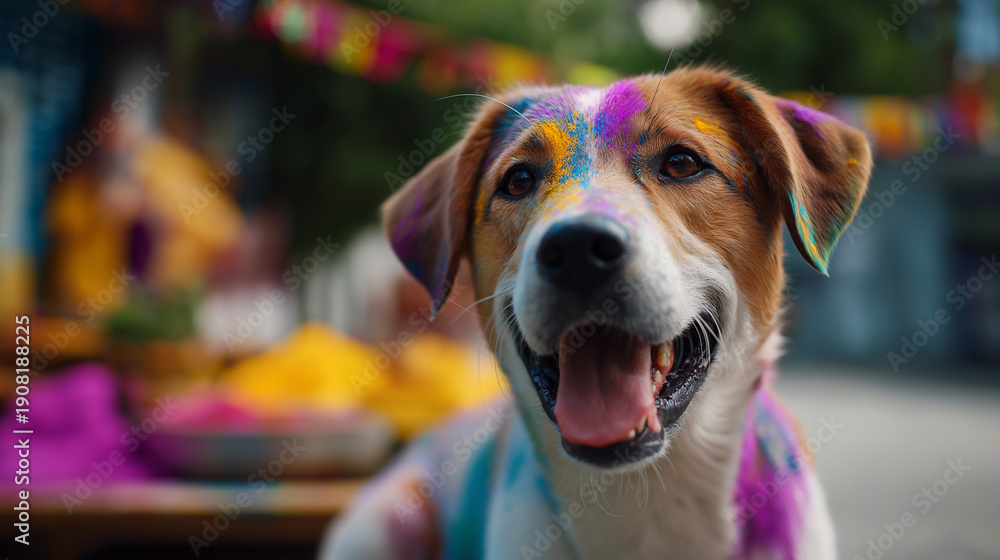 Naklejka premium Pet animal stained with festival paints outdoors domestic companion covered in colorful powder shown spring celebration with animal participation visible outdoor festive environ