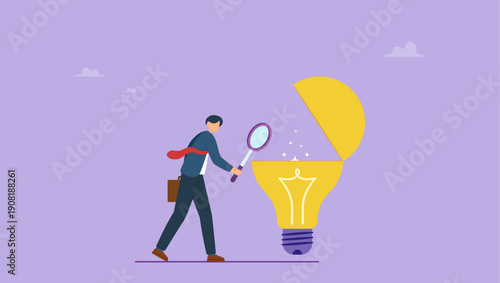 Businessman using a magnifying glass looking into light bulb inside. In-depth analysis for competitive advantage concept, business insight, deep understanding to make decision better.