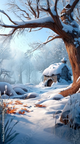 Winter landscape with a stone cottage nestled under snowy branches.