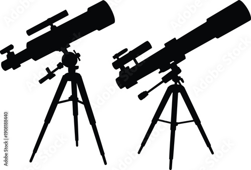 Black silhouettes of two telescopes mounted on tripods with cylindrical tubes and attachments, showcasing astronomy equipment, optical design illustration, and scientific observation artwork.