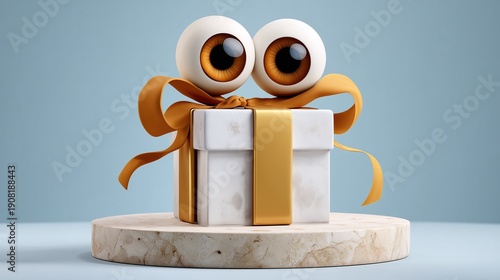 A whimsical gift box with large, expressive eyes and a golden ribbon.