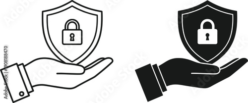 Hand holding shield with padlock icon in line art and solid black styles isolated on white background for data protection and security concepts.