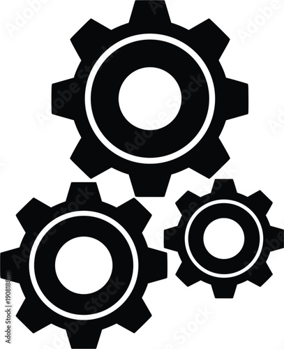Industrial black gear wheels vector icon isolated on white background representing teamwork mechanical process engineering technology and business integration concept for professional design.