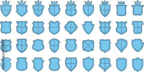 Large set of blue heraldic shield icons and royal crest symbols with crowns for security logos kingdom branding and medieval gaming assets.