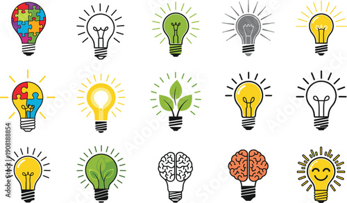 Large set of creative light bulb icons including puzzle pieces brain silhouettes green leaves and glowing yellow lamps isolated on white background for business innovation.