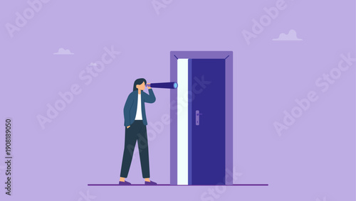 Businesswoman with telescope in her hands looks through open door. Search for life path and journey into subconscious, looking in unknown future concept.