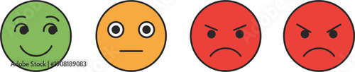 Set of four colorful emoticon faces in green orange and red isolated on white background representing customer satisfaction levels from happy to very angry.