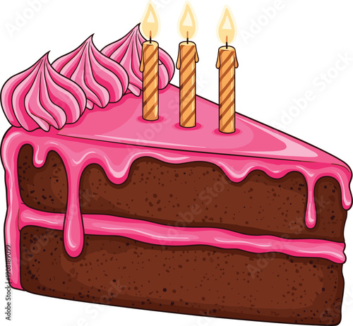 Slice of chocolate cake with pink frosting and three lit candles