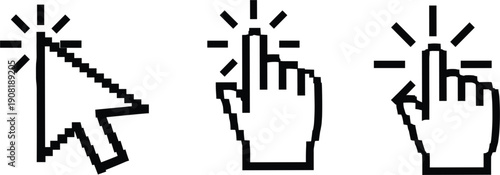 Set of pixelated computer cursor arrow and hand click icons isolated on white background representing digital navigation user interface and web interaction.