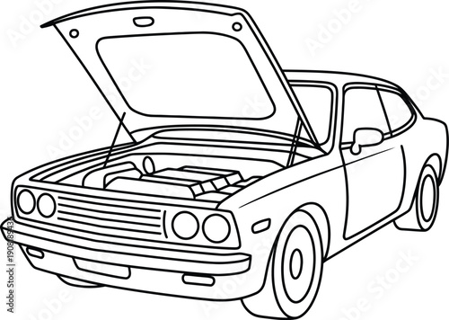 Classic car with its hood open displaying the engine compartment