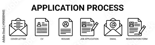 Application Process web banner icon vector illustration concept with icon of cover letter, cv, resume, job application, email, and registration form.